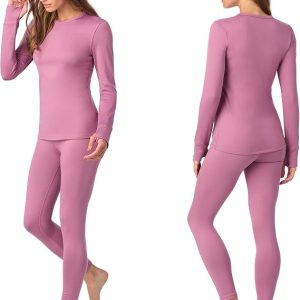 womens fleece lined thermal base layer set – long sleeve shirt & leggings for cold weather – lounge set for women white